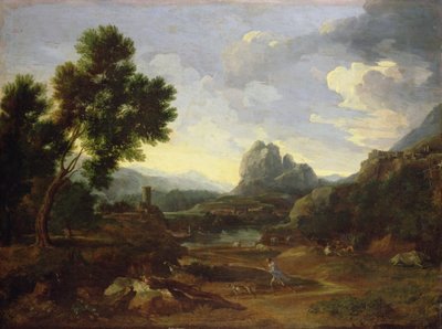 Landschap met jager en honden door Gaspard Poussin Dughet